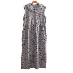 Vintage Y2K Ditsy Floral Peter Pan Button Front Midi Dress Cottage Granny Sz M-L